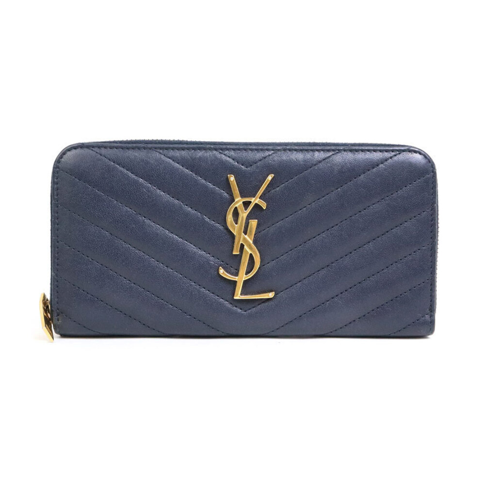 Saint Laurent round zipper long wallet leather Navy Blue